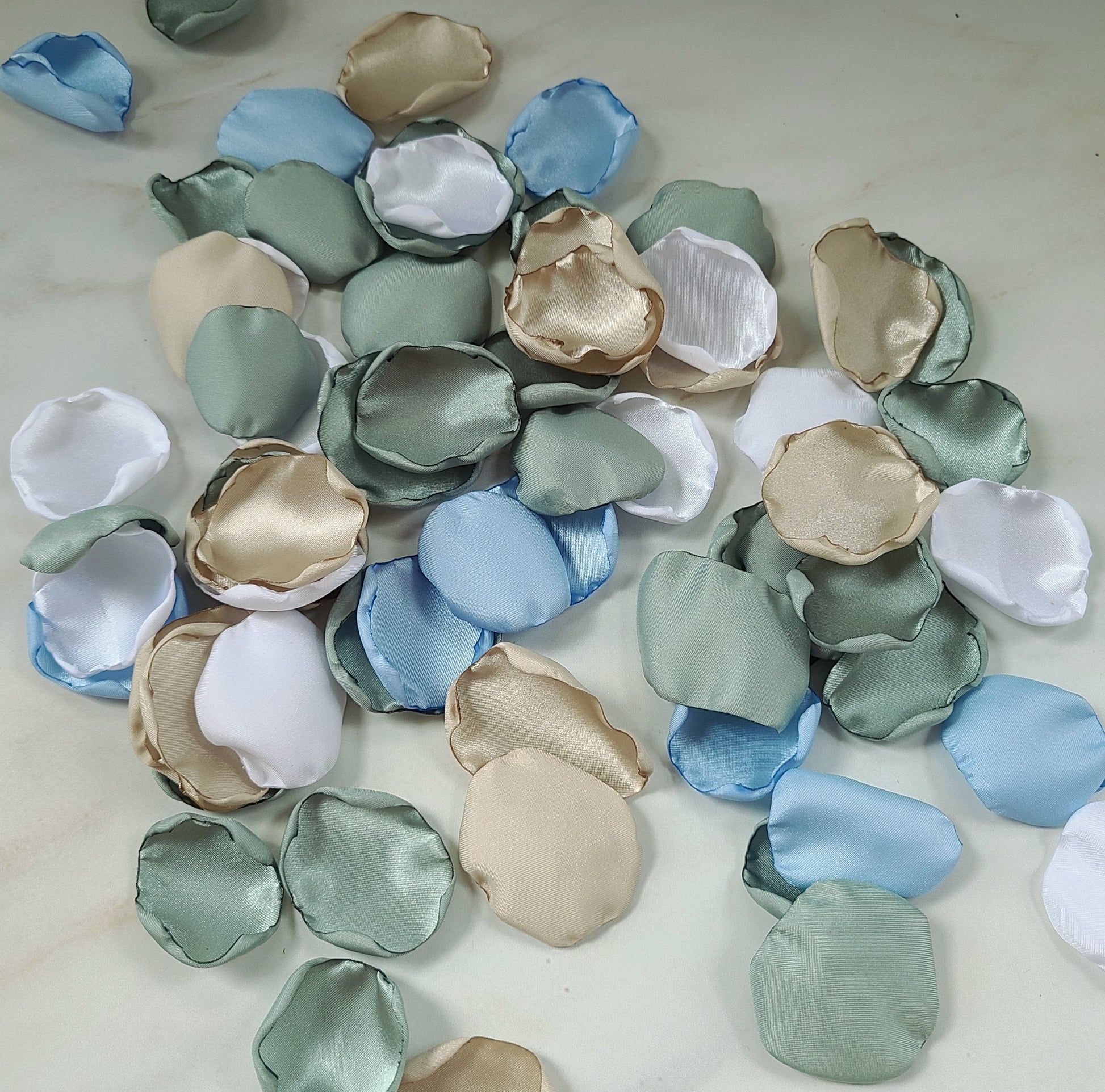 White, Beige, Dusty Sage, Ice Blue Rose Petals for Wedding Decor, flower girl baskets, table confetti, boho themed wedding ideas