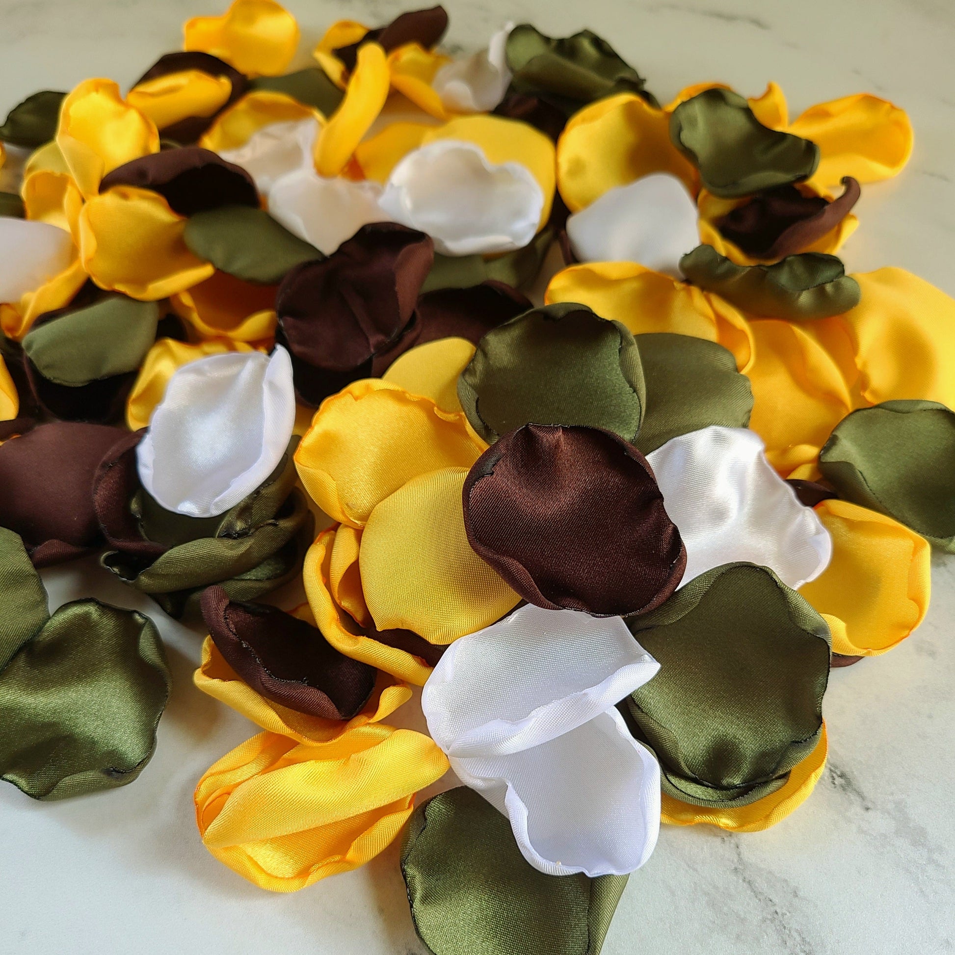 Yellow, Olive Brown, White rose petals for a flower girl basket, custom wedding table confetti, western, rustic, sunflower wedding decorations, flower girl box