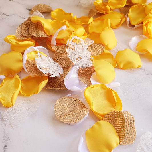 White, Lace, Burlap & Yellow rose petals for wedding decor. Flower Girl petals for baskets, engagement proposal prop ideas,  bridesmaid box, Western, Rustic table confetti