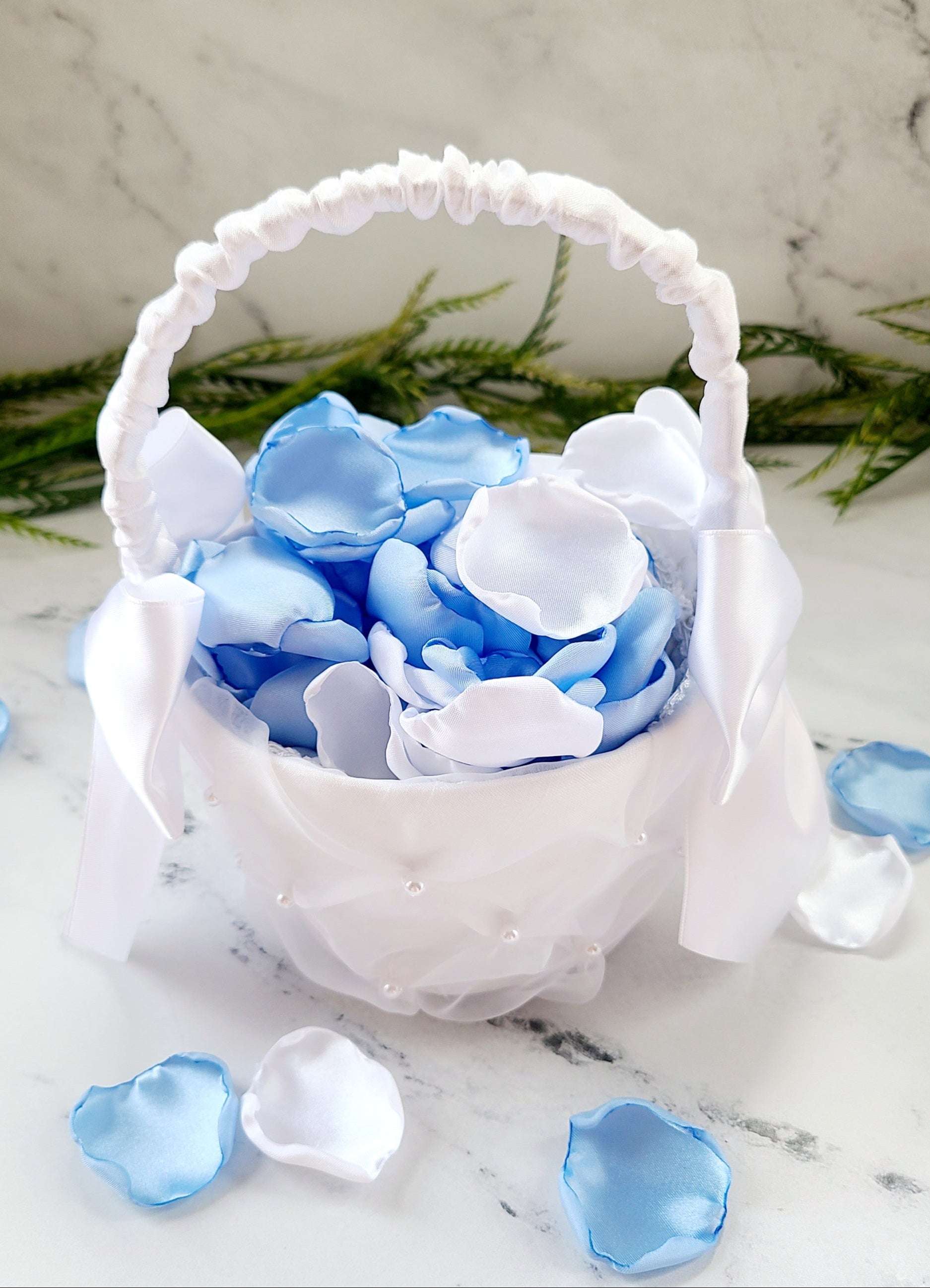 White & Light Blue Rose Petals for table confetti, flower girl baskets, Chinoiserie wedding decor