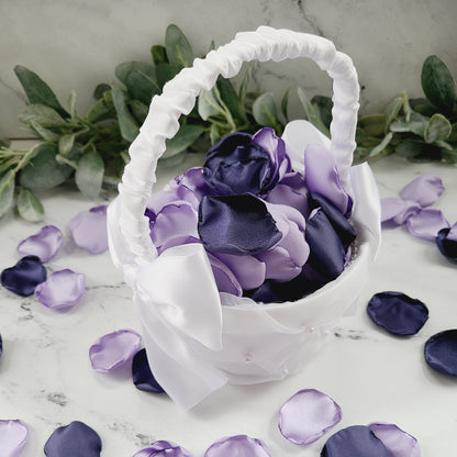 White Flower Girl Basket with Navy, White and Lilac rose petals for wedding aisle decor