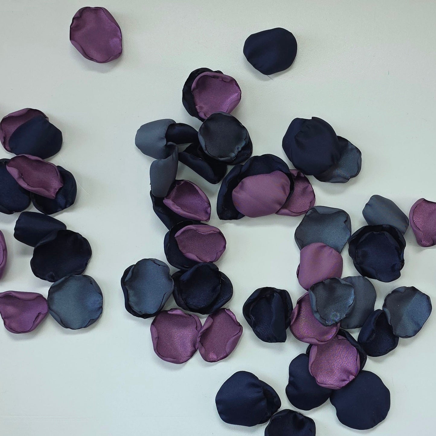 Wisteria Purple, Stormy and Navy blue rose petals. Perfect for flower girl baskets, tossing, confetti, aisle decor or table scatter. reception tablescape decor. A color palette for future brides planning a moody fall wedding ceremony or a celestial bridal shower, brunch event.