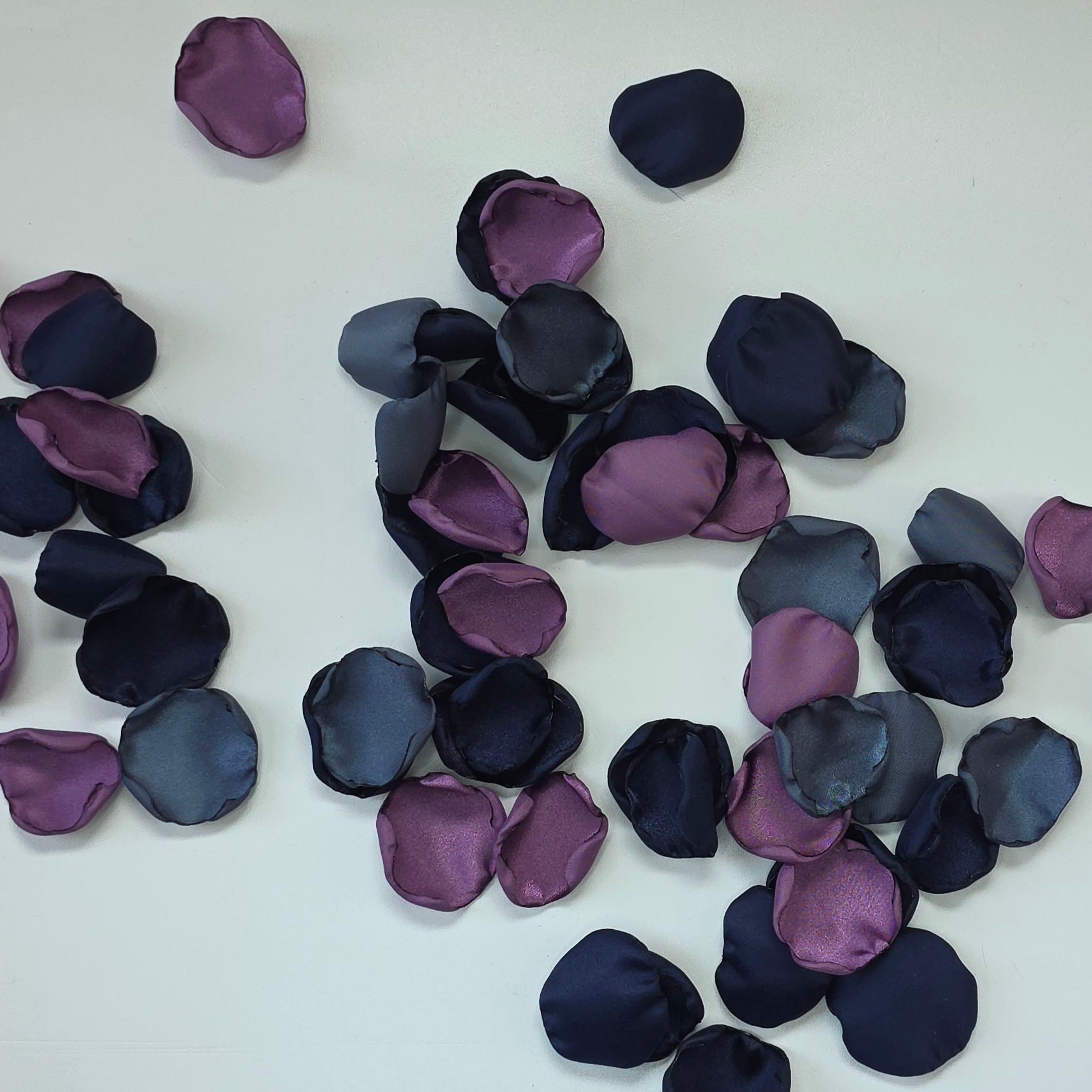 Wisteria Purple, Stormy and Navy blue rose petals. Perfect for flower girl baskets, tossing, confetti, aisle decor or table scatter. reception tablescape decor. A color palette for future brides planning a moody fall wedding ceremony or a celestial bridal shower, brunch event.