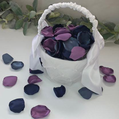 Wisteria Purple, Stormy and Navy blue rose petals in flower girl basket. Perfect for flower girl baskets, tossing, confetti, aisle decor or table scatter. reception tablescape decor. A color palette for future brides planning a moody fall wedding ceremony or a celestial bridal shower, brunch event.