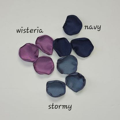 Wisteria Purple, Stormy and Navy blue rose petals. Perfect for flower girl baskets, tossing, confetti, aisle decor or table scatter. reception tablescape decor. A color palette for future brides planning a moody fall wedding ceremony or a celestial bridal shower, brunch event.