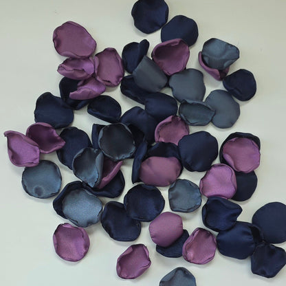 Wisteria Purple, Stormy and Navy blue rose petals. Perfect for flower girl baskets, tossing, confetti, aisle decor or table scatter. reception tablescape decor. A color palette for future brides planning a moody fall wedding ceremony or a celestial bridal shower, brunch event.