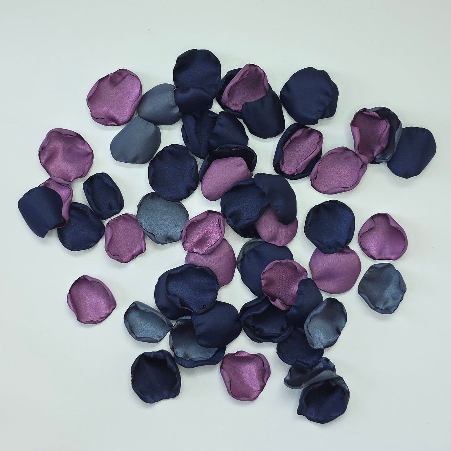 Wisteria Purple, Stormy and Navy blue rose petals. Perfect for flower girl baskets, tossing, confetti, aisle decor or table scatter. reception tablescape decor. A color palette for future brides planning a moody fall wedding ceremony or a celestial bridal shower, brunch event.