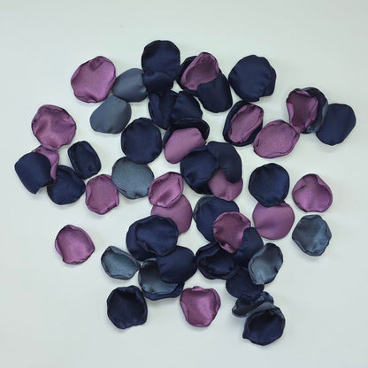 Wisteria Purple, Stormy and Navy blue rose petals. Perfect for flower girl baskets, tossing, confetti, aisle decor or table scatter. reception tablescape decor. A color palette for future brides planning a moody fall wedding ceremony or a celestial bridal shower, brunch event.