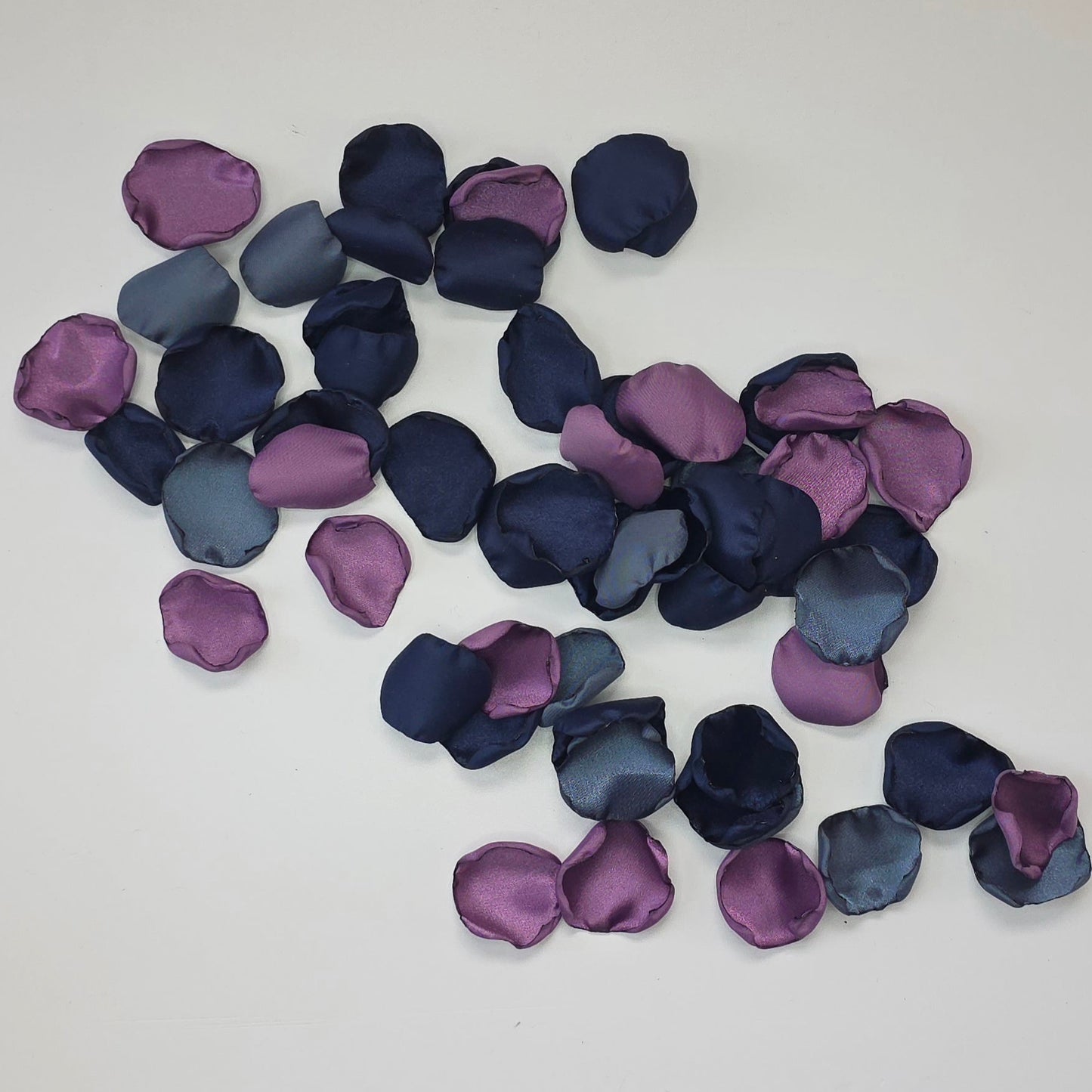 Wisteria Purple, Stormy and Navy blue rose petals. Perfect for flower girl baskets, tossing, confetti, aisle decor or table scatter. reception tablescape decor. A color palette for future brides planning a moody fall wedding ceremony or a celestial bridal shower, brunch event.