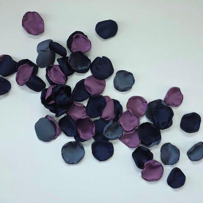 Wisteria Purple, Stormy and Navy blue rose petals. Perfect for flower girl baskets, tossing, confetti, aisle decor or table scatter. reception tablescape decor. A color palette for future brides planning a moody fall wedding ceremony or a celestial bridal shower, brunch event.