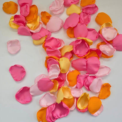Pink, orange, ivory and yellow rose petals for flower girl tossing, confetti scatter, receptions tablescapes accents, ceremony backdrop, whimsical wedding color scheme, future bride ideas, wedding aisle decor