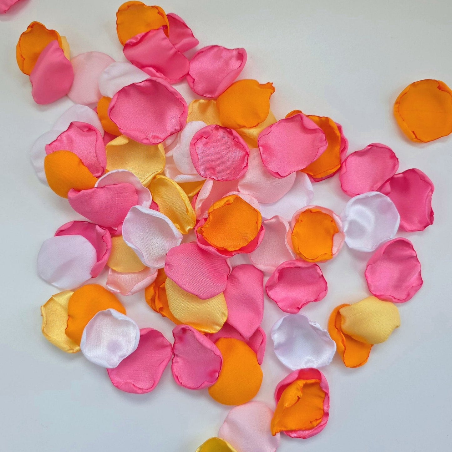 Pink, orange, White  and yellow rose petals for flower girl tossing, confetti scatter, receptions tablescapes accents, ceremony backdrop, whimsical wedding color scheme, future bride ideas, wedding aisle decor