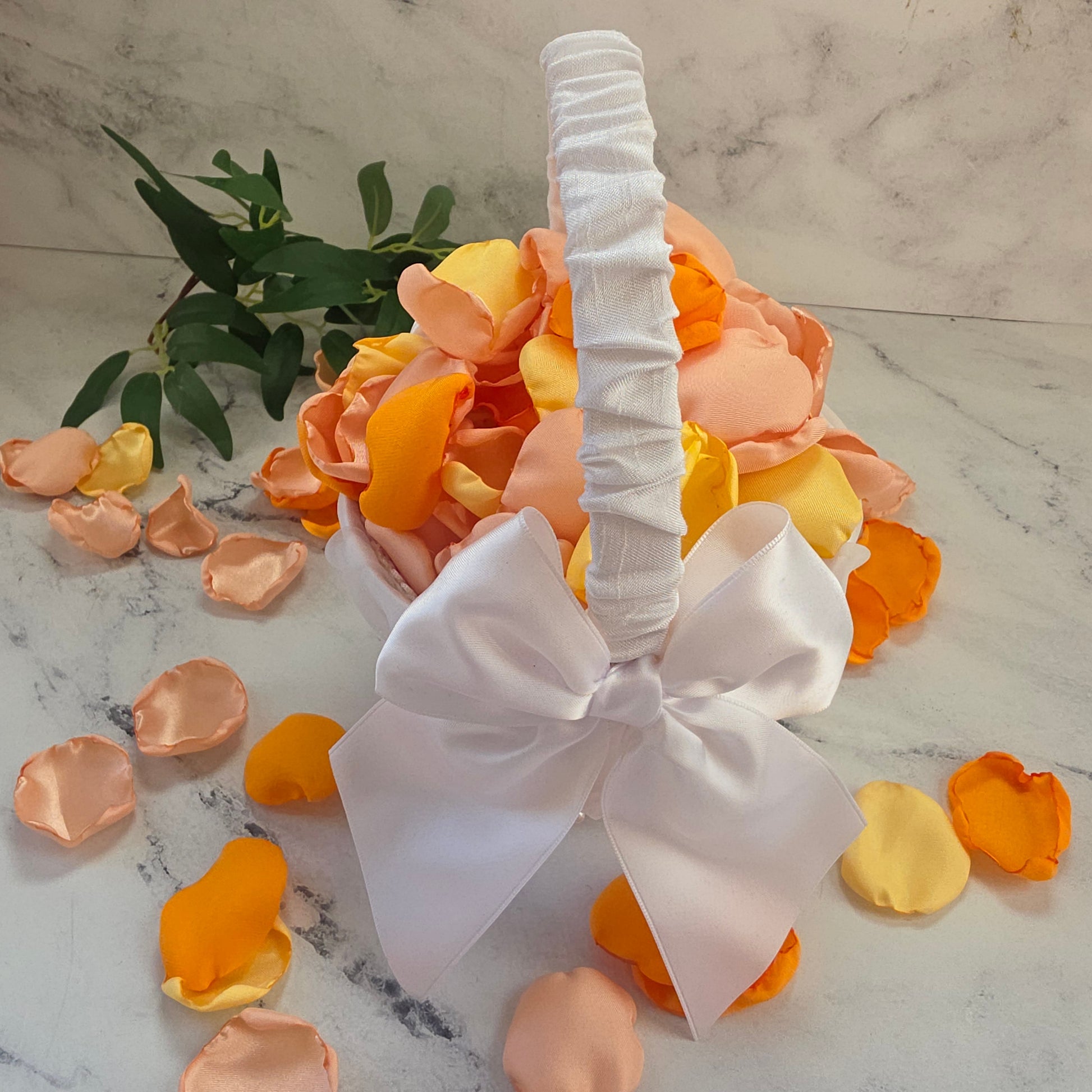 Yellow, Peach Blush, Orange rose petals showcase in flower girl basket. Perfect for flower girl tossing, wedding aisle decor, reception tablescapes, confetti scatter,  memory table accents, Sunset Wedding Theme Ideas