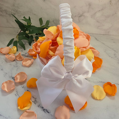 Yellow, Peach Blush, Orange rose petals showcase in flower girl basket. Perfect for flower girl tossing, wedding aisle decor, reception tablescapes, confetti scatter,  memory table accents, Sunset Wedding Theme Ideas