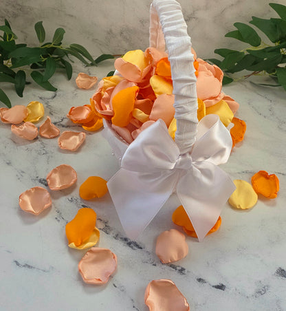 Yellow, Peach Blush, Orange rose petals showcased in white flower girl basket.. Perfect for flower girl tossing, wedding aisle decor, reception tablescapes, confetti scatter, memory table accents, Sunset Wedding Theme Ideas