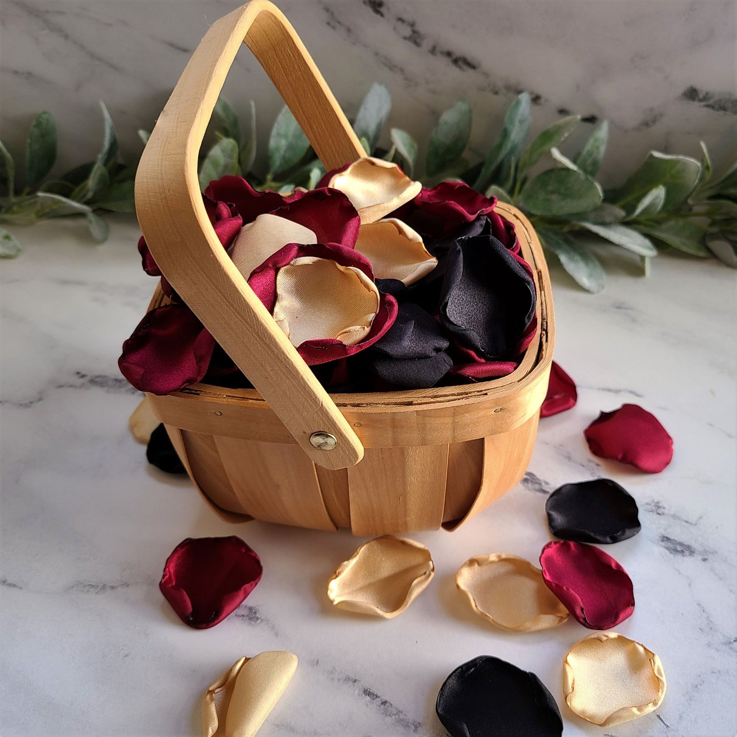 Black, Burgundy and Gold Wedding Decor Rose Petals in rustic wedding flower girl basket, table confetti scatter, 