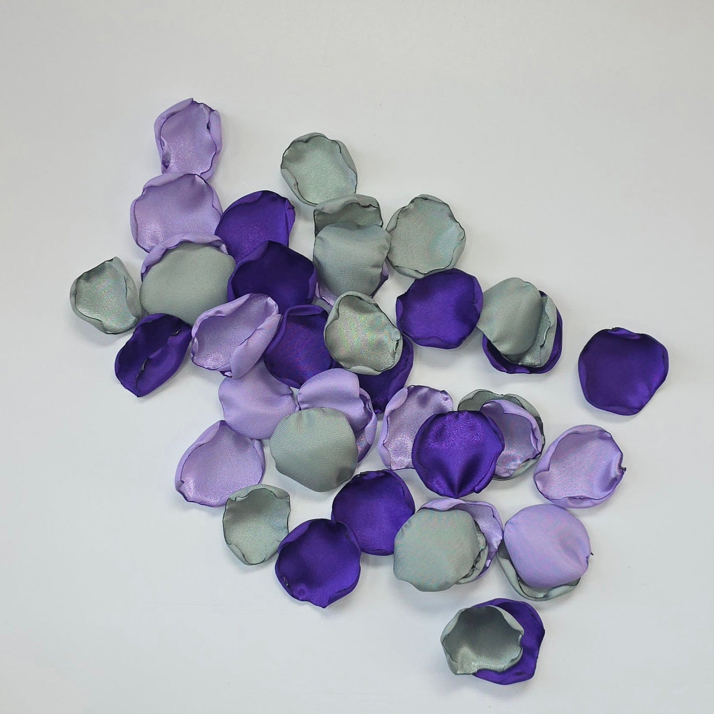 Purple Lavender Sage rose petals for flower girl baskets, tossing, aisle decor, flatlays, table scatter, reception tablescapes and backdrop accents. Color palette for brides planning a whimsical wedding ceremony or wildflower bridal shower decor. 
