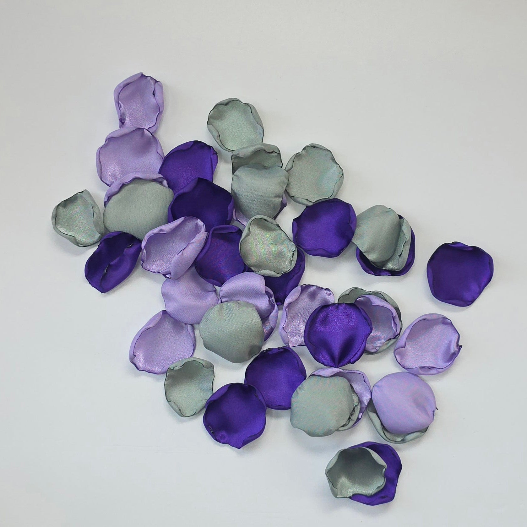 Purple Lavender Sage rose petals for flower girl baskets, tossing, aisle decor, flatlays, table scatter, reception tablescapes and backdrop accents. Color palette for brides planning a whimsical wedding ceremony or wildflower bridal shower decor. 