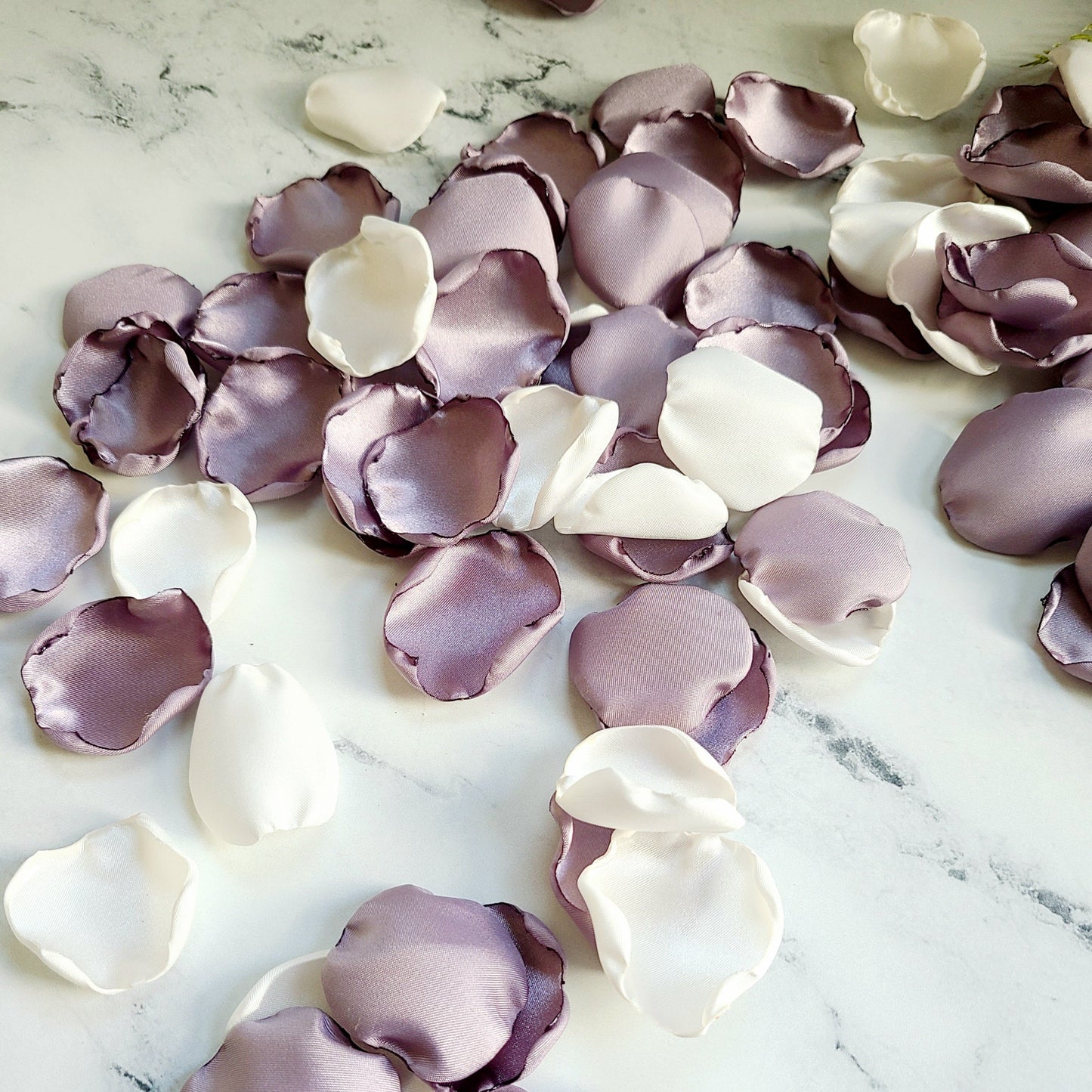dusty purple & ivory rose petals for wedding aisle decor, flower girl tossing, confetti scatter, cake table decorations