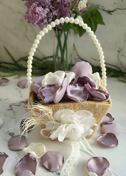 Dusty Purple Rose Petals in Western flower girl basket, Wedding Decor Petals, f, wedding table decor, aisle decorations, confetti scatter, engagement photo props, boho wedding ideas