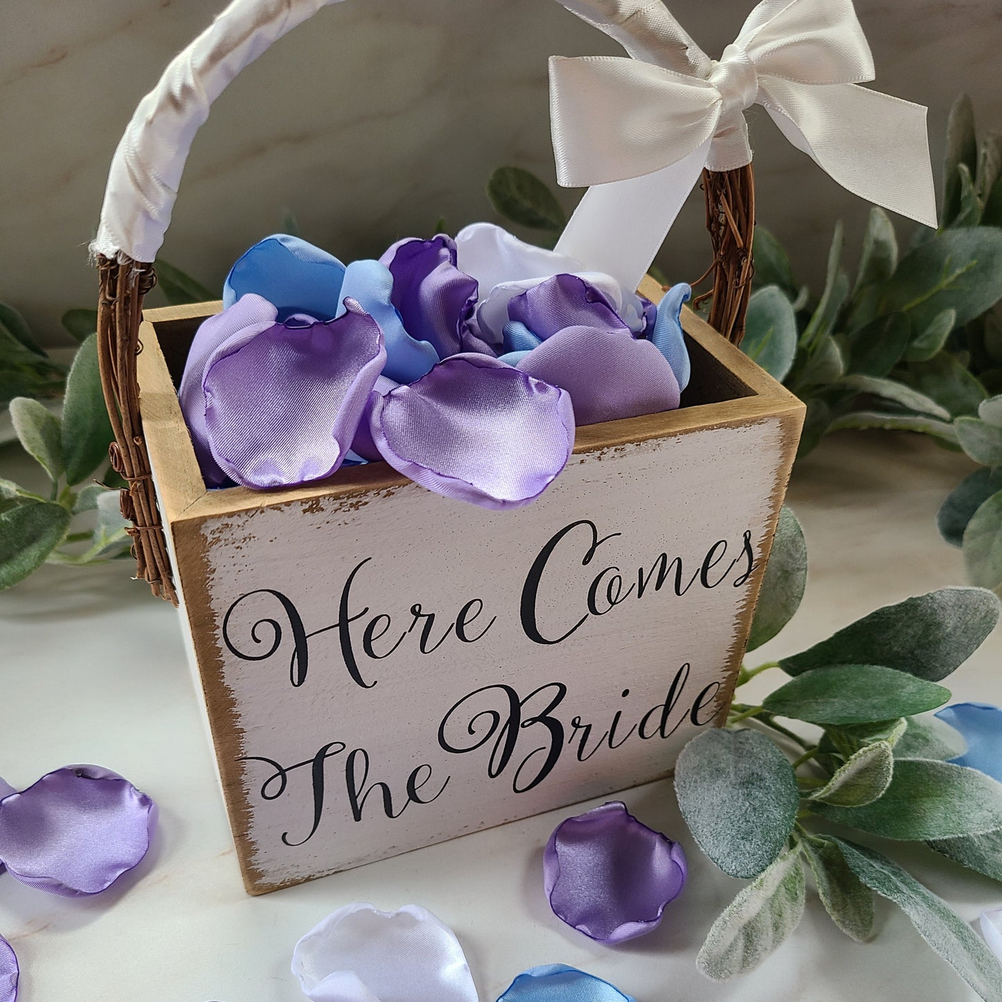 Lavender Purple, Ice Blue, Ivory Rose Petals in Here Comes the Bride flower girl petals, Flower Girl Petals, Confetti scatter, petal patrol gift box ideas, wedding aisle decor, reception tablescapes decor, 