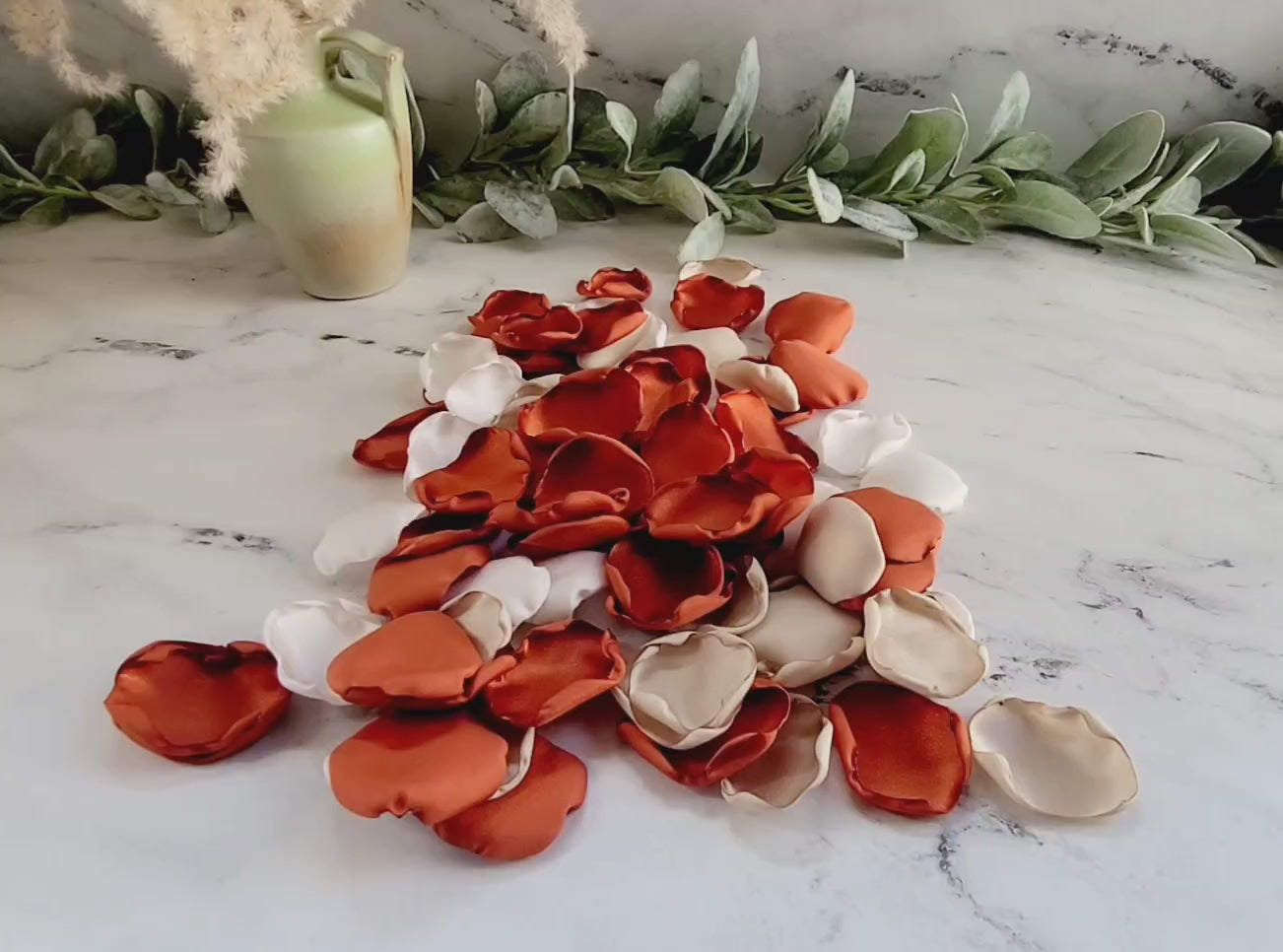 Load video: Burnt Orange, beige and Ivory rose petals. Perfect for the flower girl toss, wedding aisle decor, table scatter, confetti and photo backdrop accents.