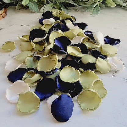 Sage, & Navy rose petal video showing flower girl petals for tossing, table confetti, wedding decor