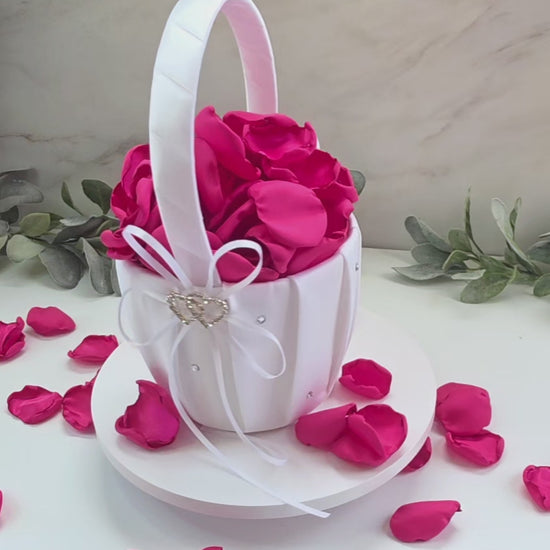 Fuchsia hot pink rose petals in flower girl basket, perfect for tossing, wedding aisle decor, whimsical tablescape accents, future bride color palette ideas, confetti scatter