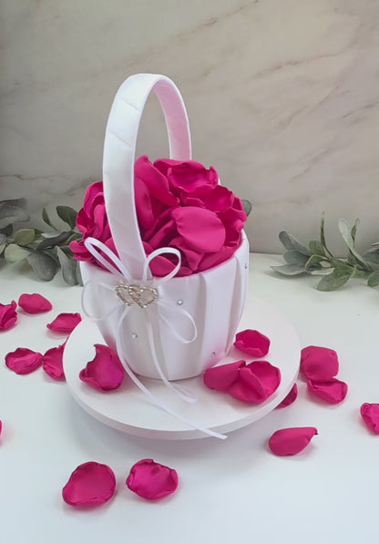 Fuchsia hot pink rose petals in flower girl basket, perfect for tossing, wedding aisle decor, whimsical tablescape accents, future bride color palette ideas, confetti scatter