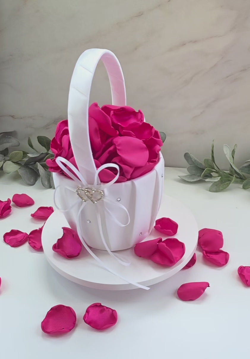 Fuchsia hot pink rose petals in flower girl basket, perfect for tossing, wedding aisle decor, whimsical tablescape accents, future bride color palette ideas, confetti scatter