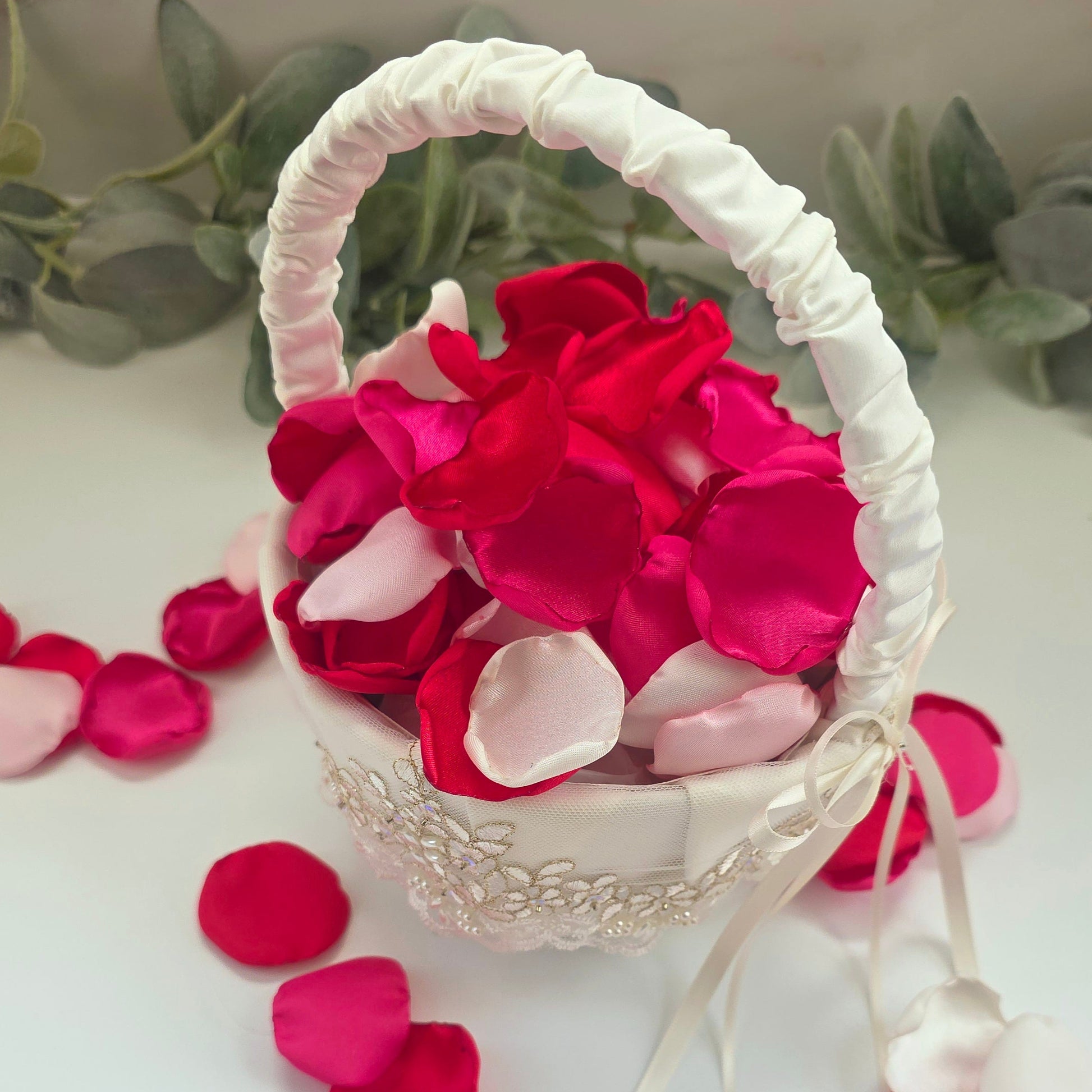 Red, fuchsia, pink and white rose petals for wedding aisle decor, flower girl toss, valentine date night tablescape decor, future bride color scheme ideas, confetti