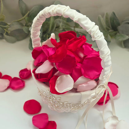 Red, fuchsia, pink and white rose petals for wedding aisle decor, flower girl toss, valentine date night tablescape decor, future bride color scheme ideas, confetti