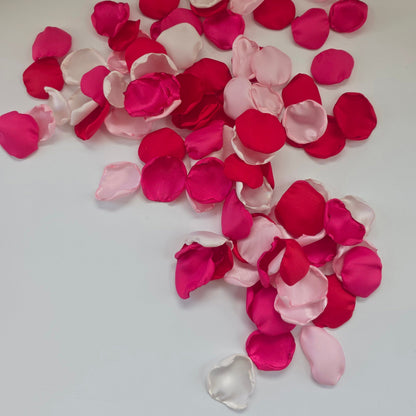 Red, fuchsia, pink and white rose petals for wedding aisle decor, flower girl toss, valentine date night tablescape decor, future bride color scheme ideas, confetti