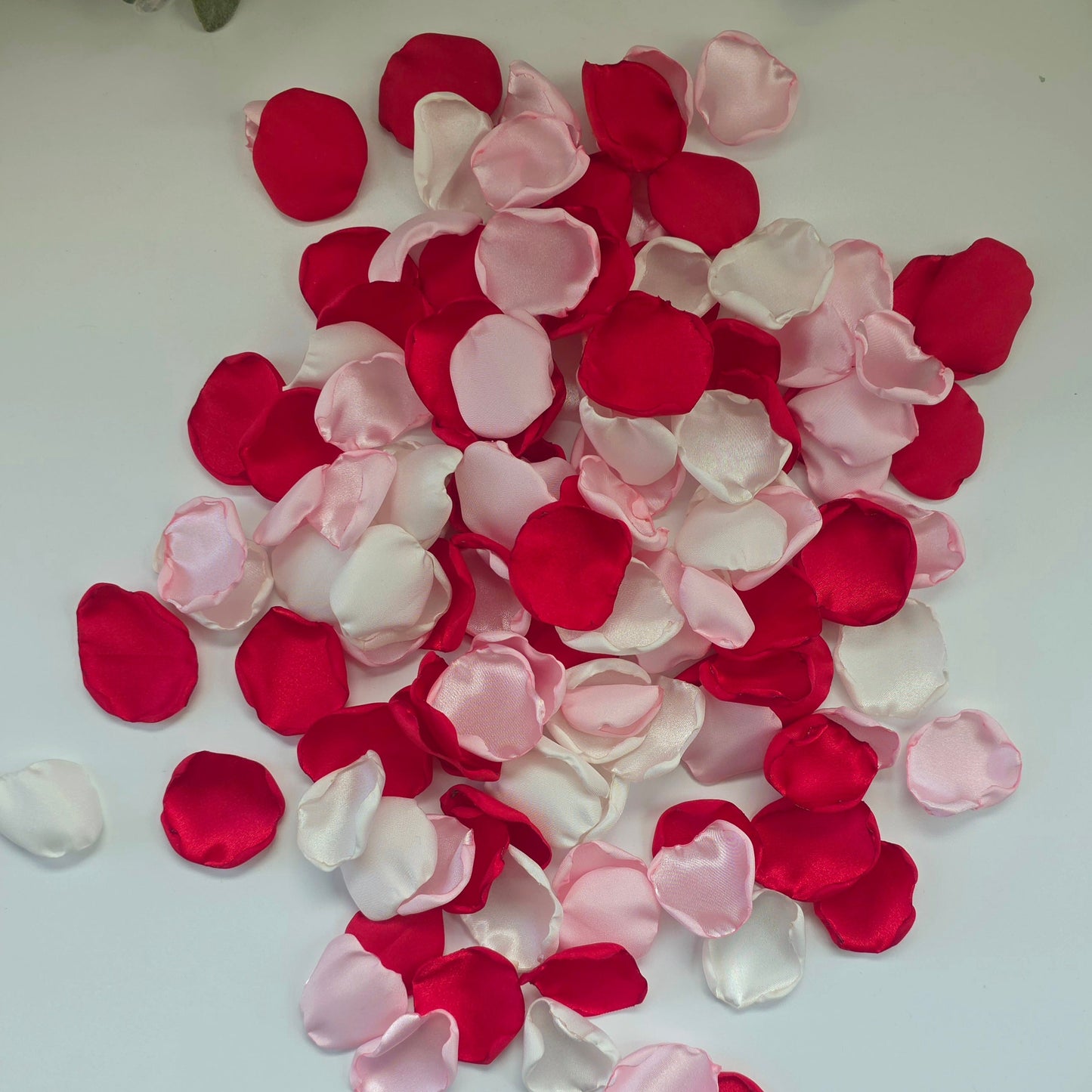 Red, fuchsia, pink and white rose petals for wedding aisle decor, flower girl toss, valentine date night tablescape decor, future bride color scheme ideas, confetti