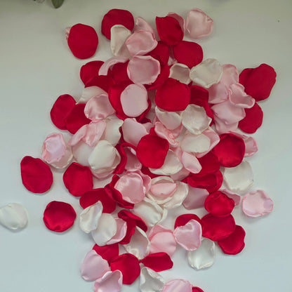 Red, fuchsia, pink and white rose petals for wedding aisle decor, flower girl toss, valentine date night tablescape decor, future bride color scheme ideas, confetti
