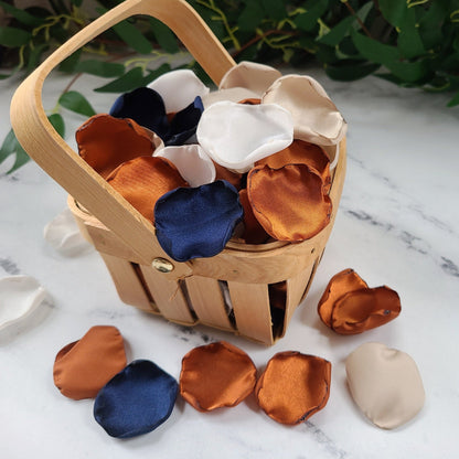Navy, beige, ivory & terracotta rose petals for fall wedding decor ideas, flower petals for a boho themed wedding aisle, table confetti, boho flower girl baskets, engagement props