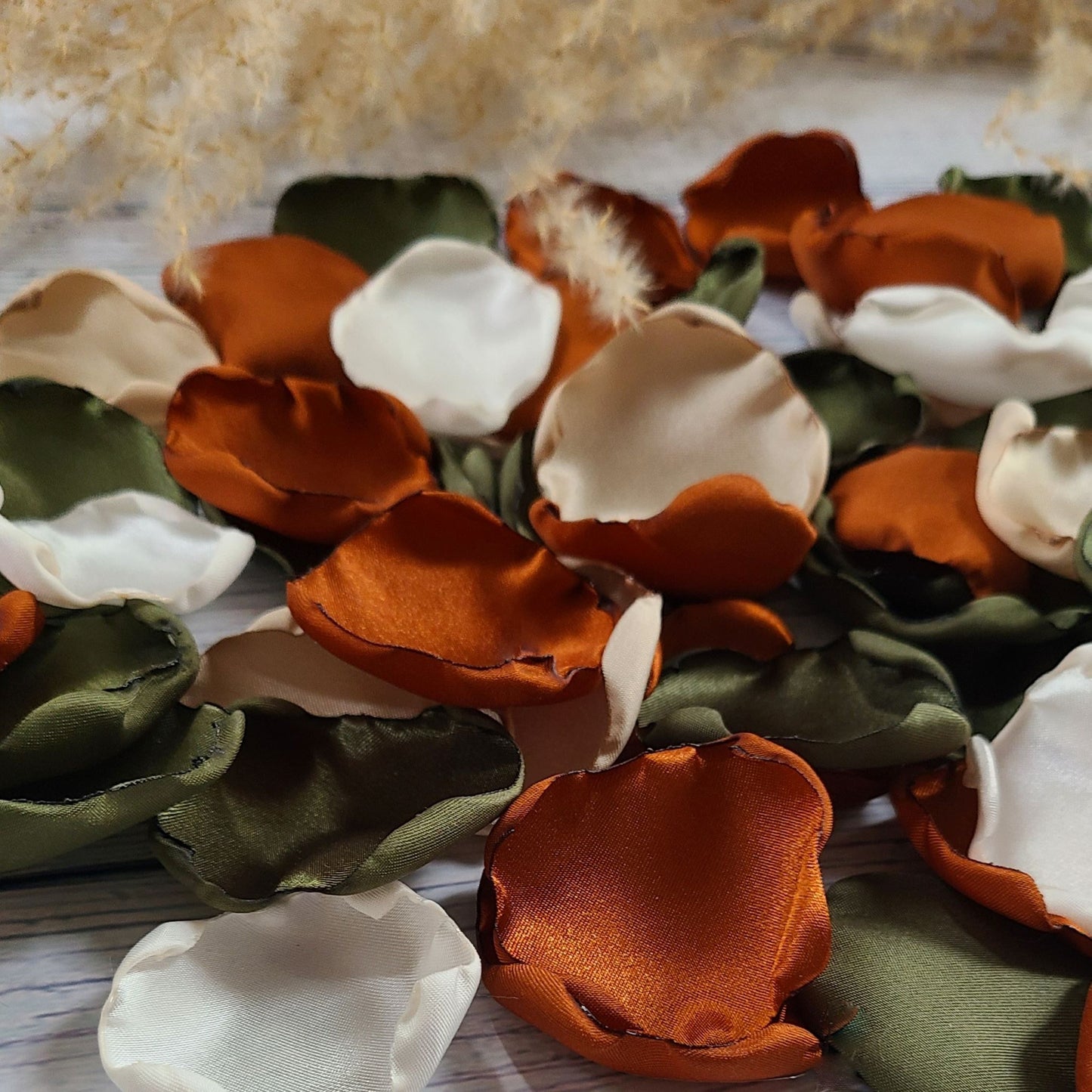 Olive green, terracotta, burnt orange, ivory and beige rose petals for flower girl basket. fall wedding aisle decor, alter backdrop, confetti scatter, western wedding decor