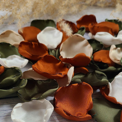 Olive green, terracotta, burnt orange, ivory and beige rose petals for flower girl basket. fall wedding aisle decor, alter backdrop, confetti scatter, western wedding decor