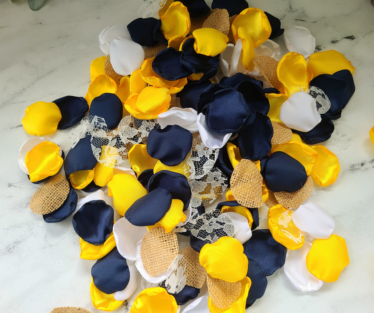 Navy blue, Yellow, Lace Burlap Rose Petals