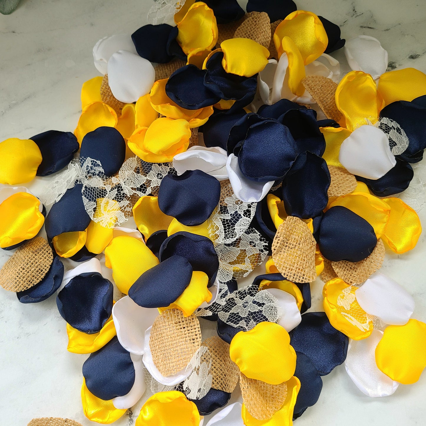 Sunflower Yellow, Burlap, Lace & Navy Rose petals for Western Boho Wedding Decor, Flower Girl Petals for table confetti, rustic basket, I Do BBQ decorations